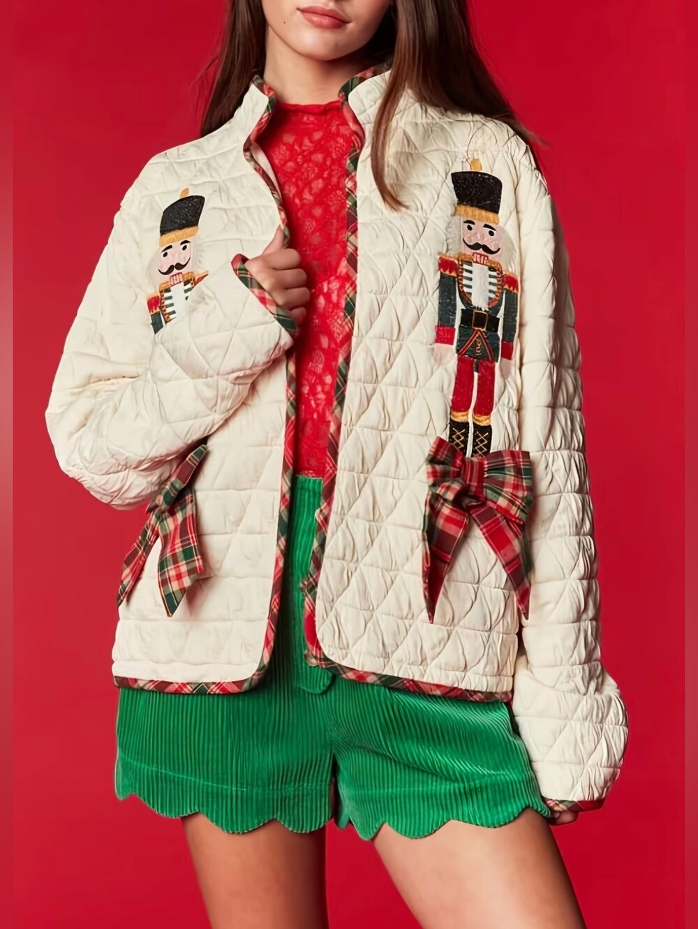 Women'S Christmas Nutcracker Plaid Bow Quilted Jacket, Stand Collar Long Sleeve